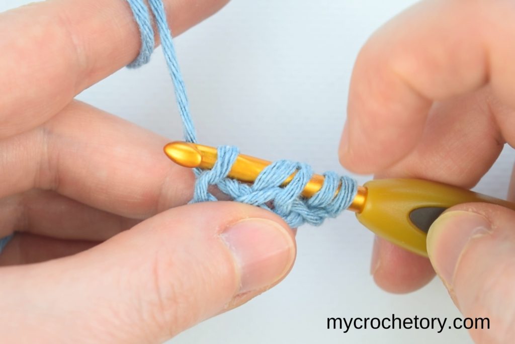Step-by-step visuals depicting the completion of rows one and two in the process of crocheting two rows simultaneously.