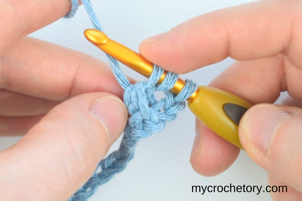 Step-by-step visuals depicting the completion of rows one and two in the process of crocheting two rows simultaneously.