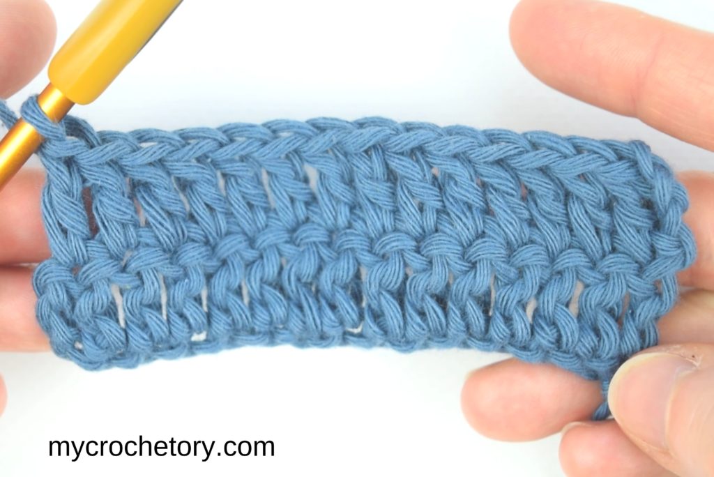 How to double crochet for beginners: two rows of double crochet completed.