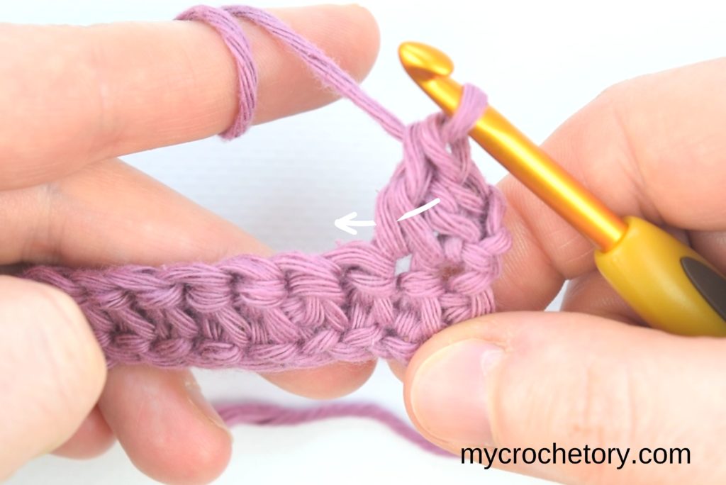 How to Single Crochet 2 Rows at once: the arrow shows where to insert the hook.