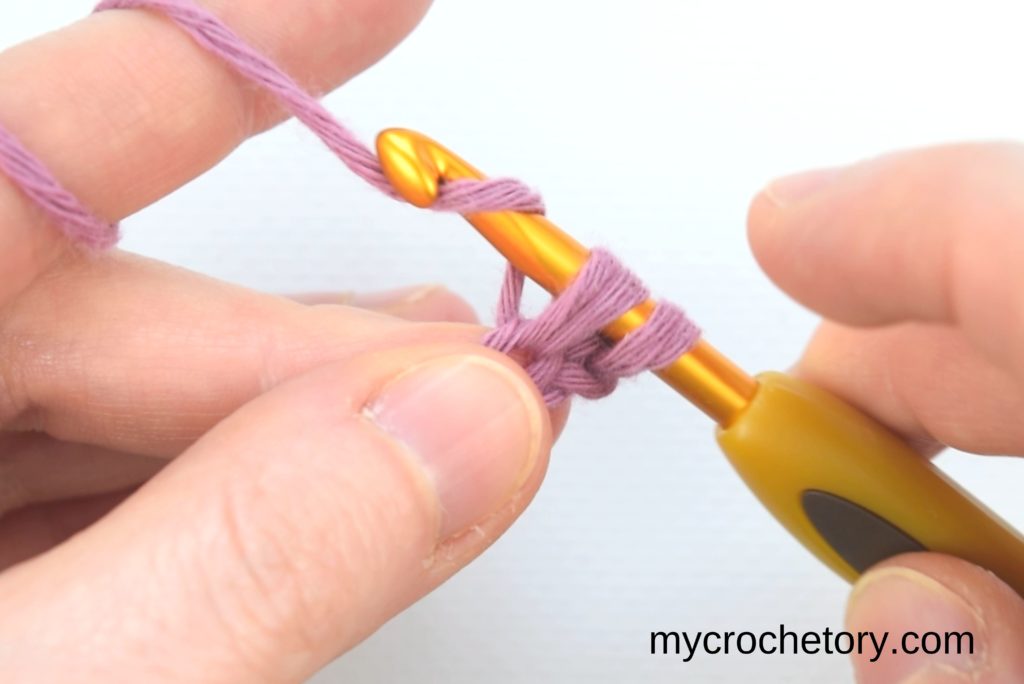 How to Single Crochet 2 Rows at once: yarning over and completing first part.