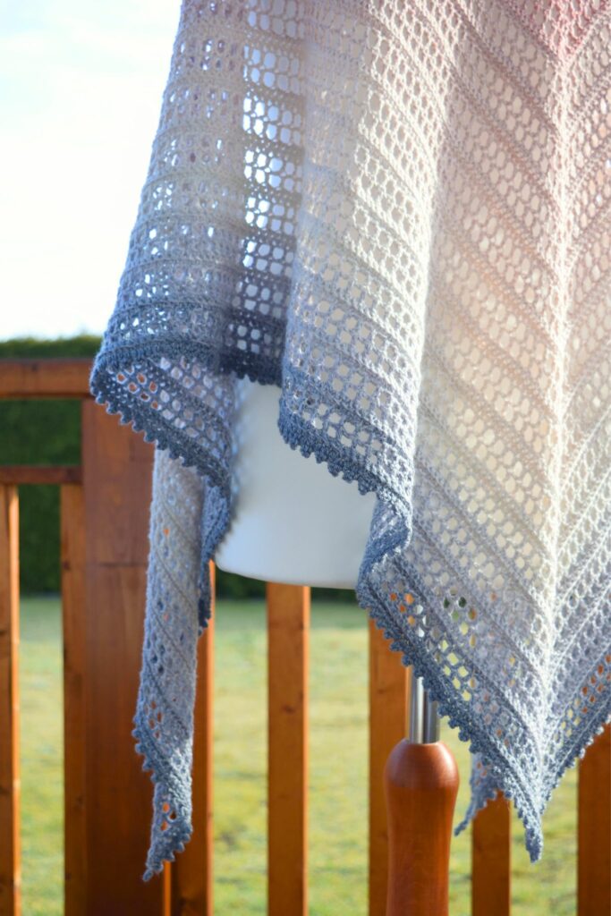 Detailed view of the charming picot edging on the Aprilace Free Crochet Shawl.