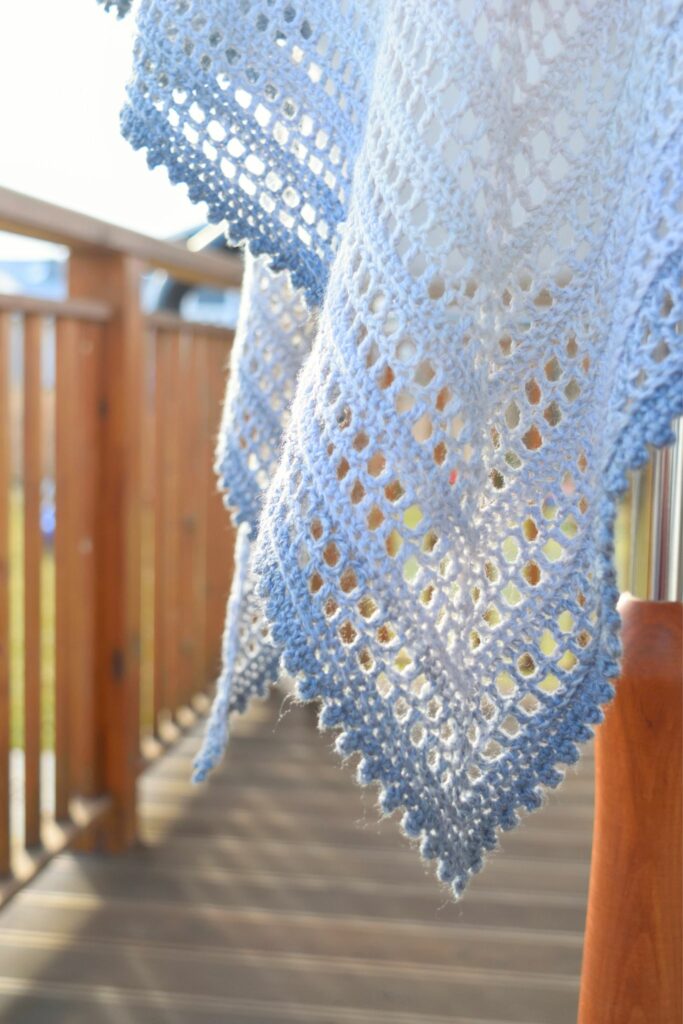 Close-up view highlighting the picot edging on the Aprilace Free Crochet Shawl.