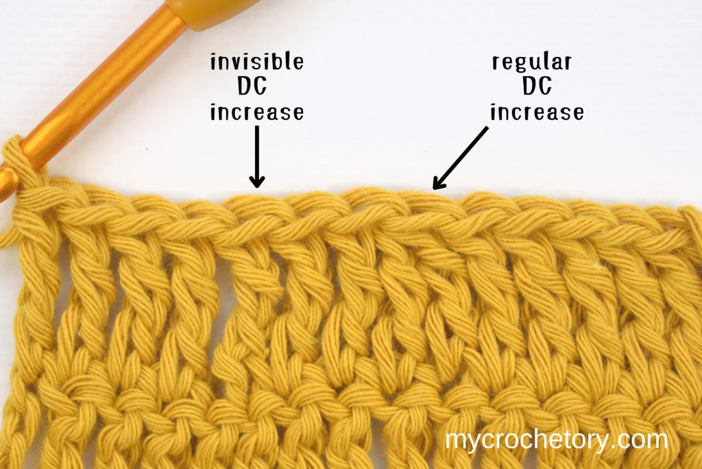 Treble crochet: How to crochet an invisible decrease. Comparison between regular and invisible decrease.