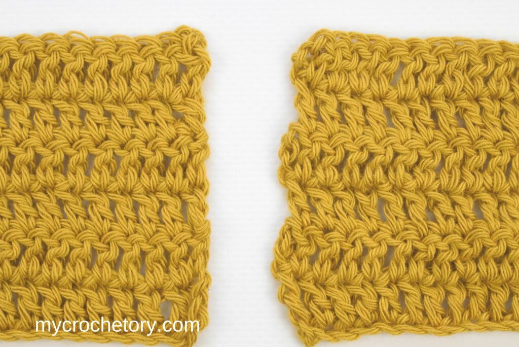 How to Crochet Standing Stitches: comparison between turning standard method and turning chainless stitches method.