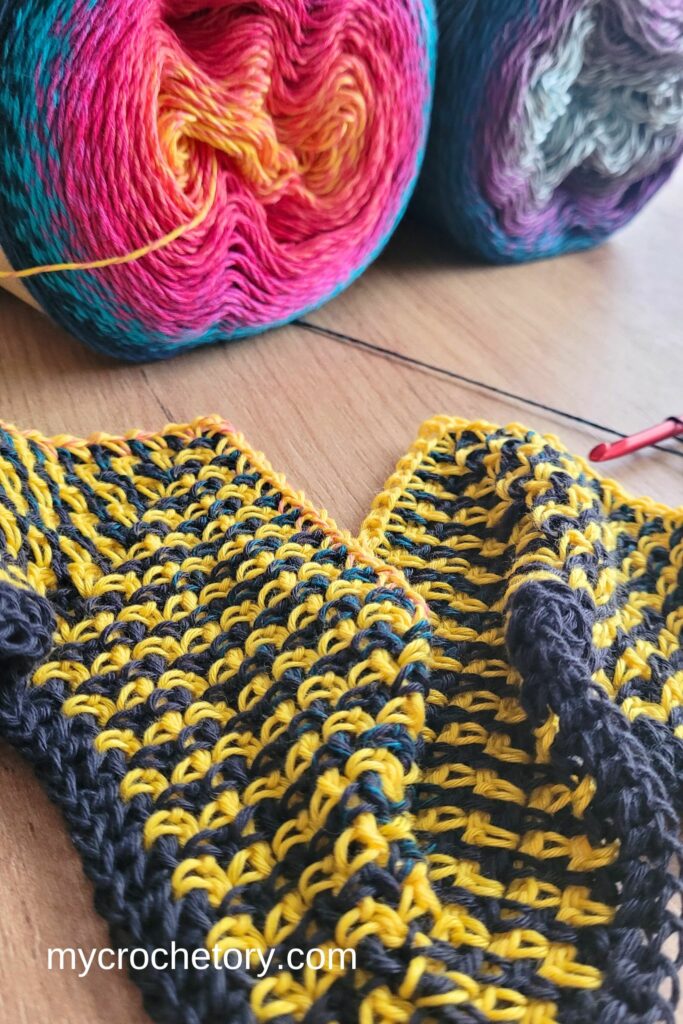 Partial crochet project, demonstrating works in progress with crochet vs knitting yarn.