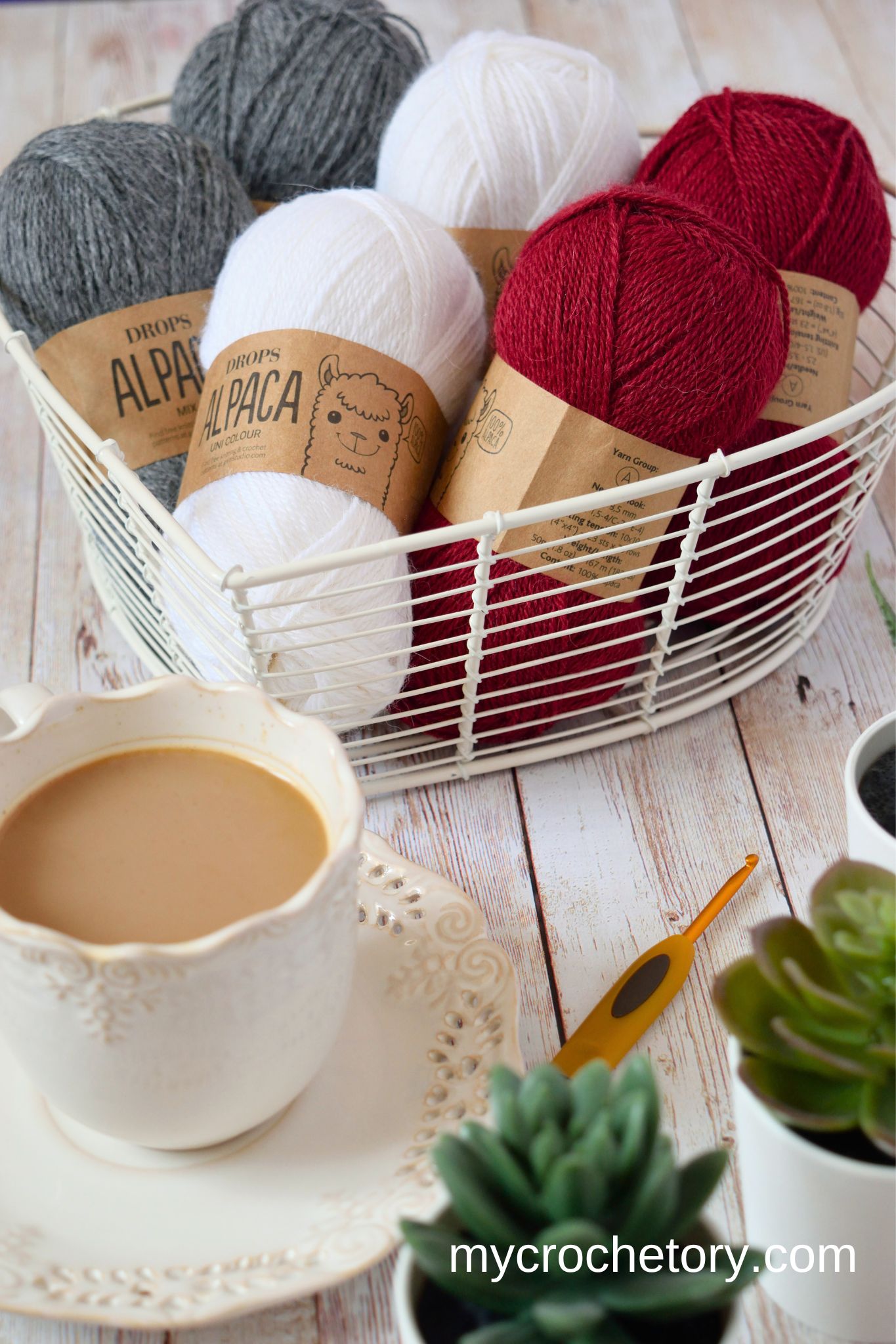 Basket of yarn, a cup of coffee and a crochet hook, ready for learning crochet stitches for beginners