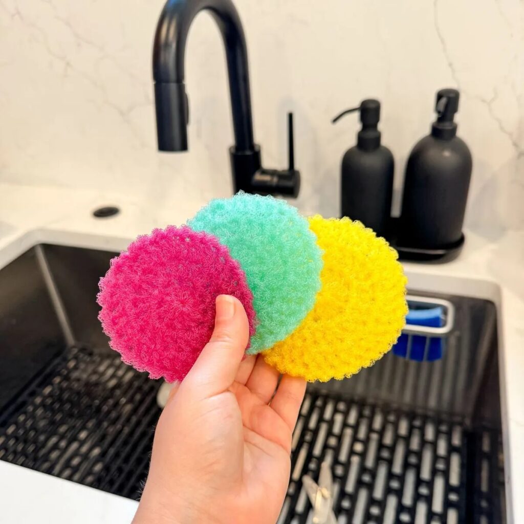 Easy Pot and Dish Scrubber - vibrant nylon yarn scrubby, a highlight in scrubby yarn crochet patterns.