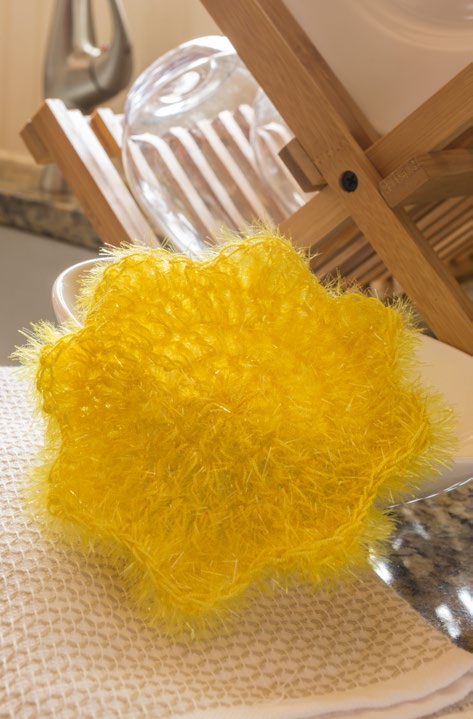 Red Heart Crochet Posey Scrubby Pattern - colorful flower-shaped scrubby, great for scrubby yarn crochet patterns.