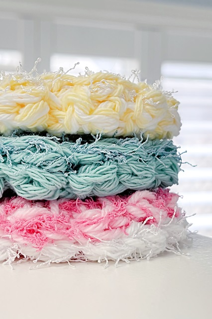 Squishy Scrubby Rounds - colorful, round crochet dish scrubbies, essential for scrubby yarn crochet patterns.