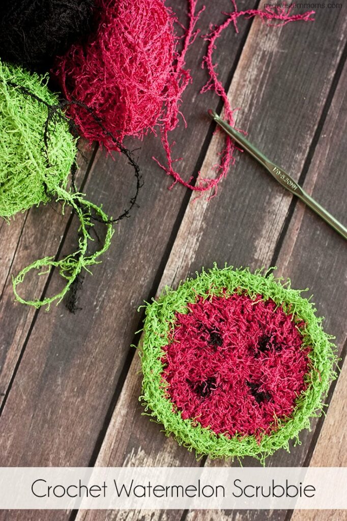Crochet Watermelon Scrubbie - watermelon-shaped scrubby with bright colors, part of scrubby yarn crochet patterns.