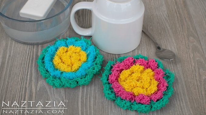 Blossom Scrubby - bright flower-shaped scrubby with a video tutorial, included in scrubby yarn crochet patterns,