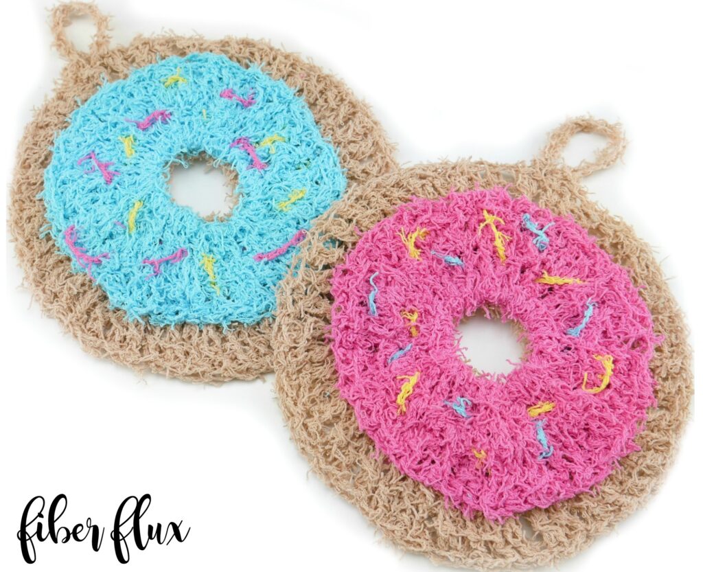 Donut Scrubbies - cute donut-shaped scrubbies with sprinkle details, popular in scrubby yarn crochet patterns.