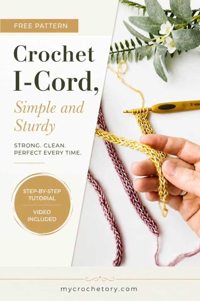 Crochet I-Cord held in hand with finished cords for bags and drawstrings