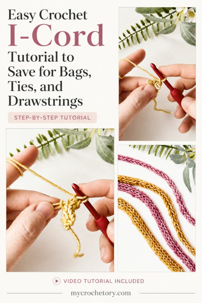 Easy crochet I-Cord tutorial for bags, ties and drawstrings with video