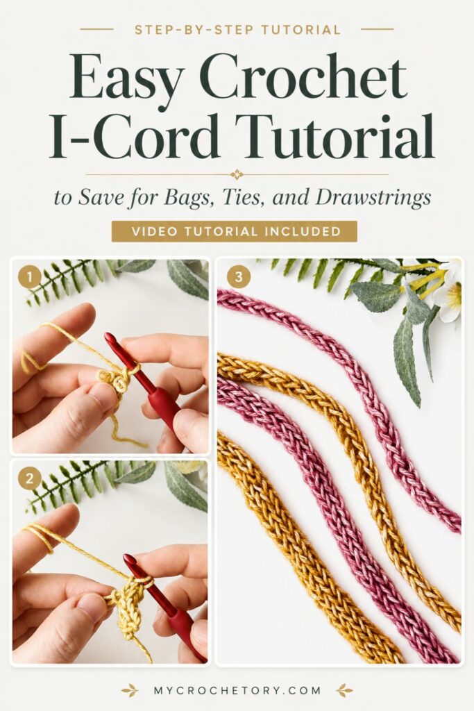 Easy crochet I-Cord tutorial collage with step photos and finished cords