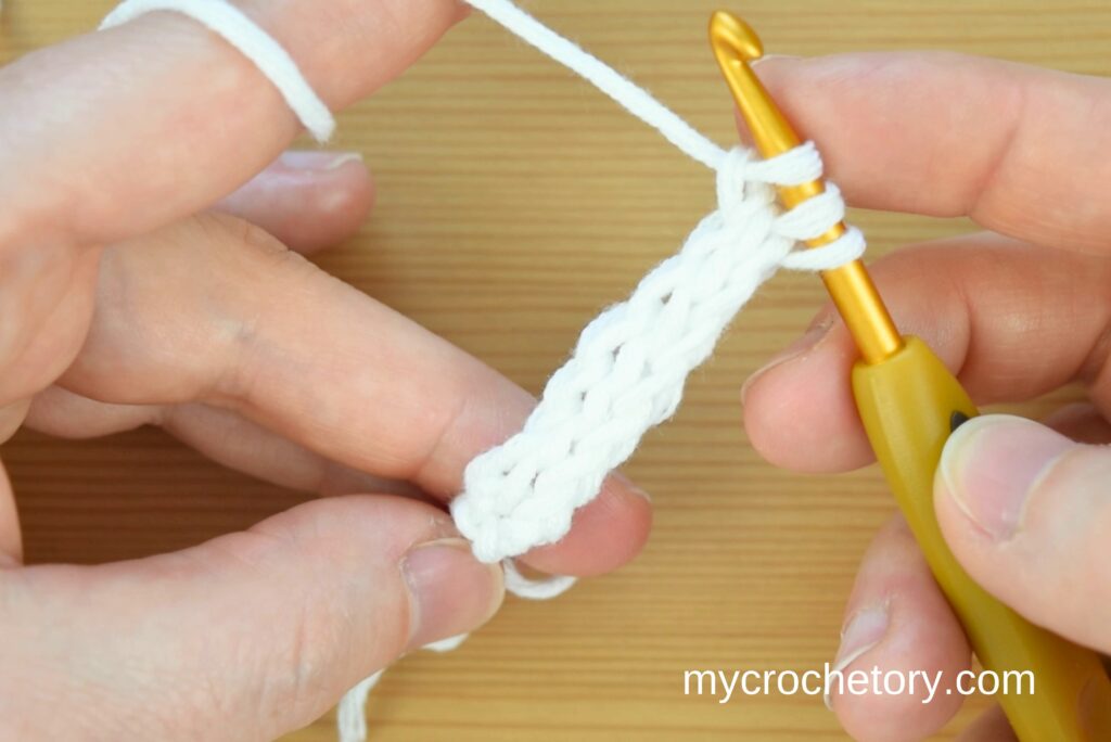 Close-up of crocheted I-cord rows.