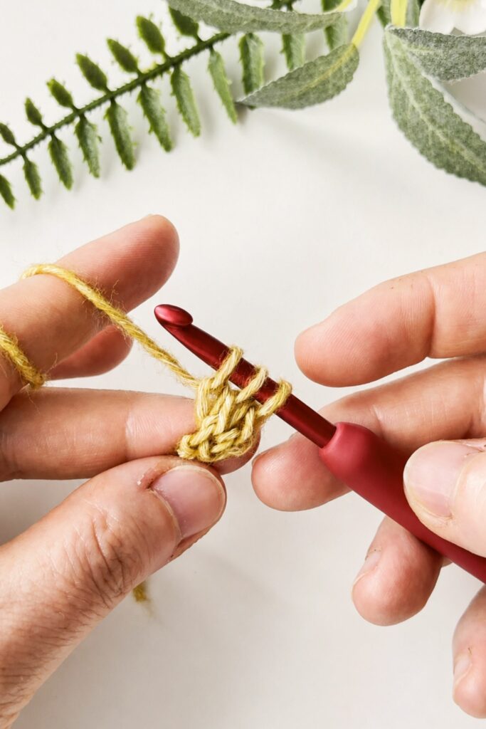Three loops on a crochet hook after completing one row of an I-Cord