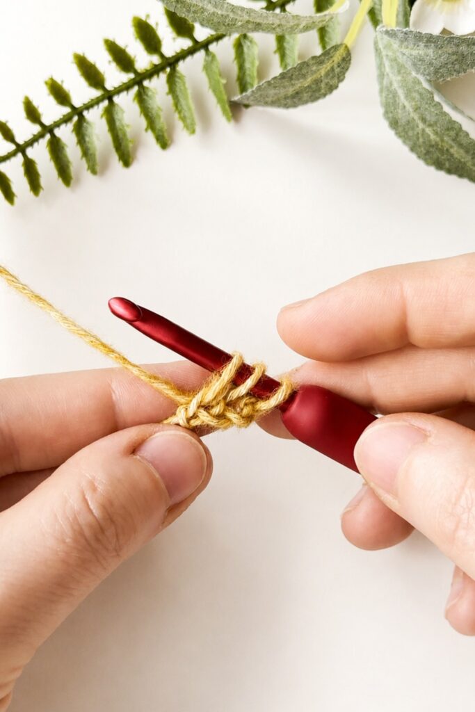 Three loops on a crochet hook during the first steps of a crochet I-Cord