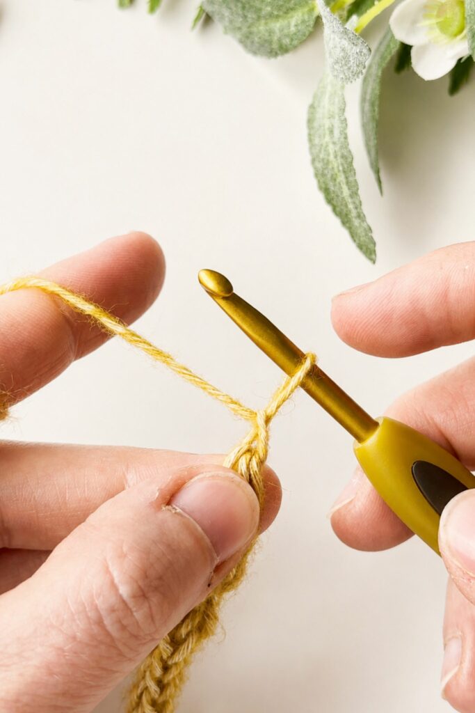 Last loop on the hook after finishing a yellow crochet I-Cord