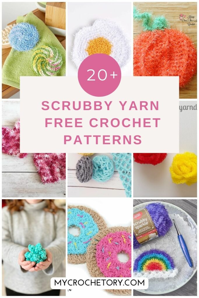 Collage of colorful scrubby yarn crochet patterns featuring various shapes and designs, perfect for adding fun and functionality to your kitchen.