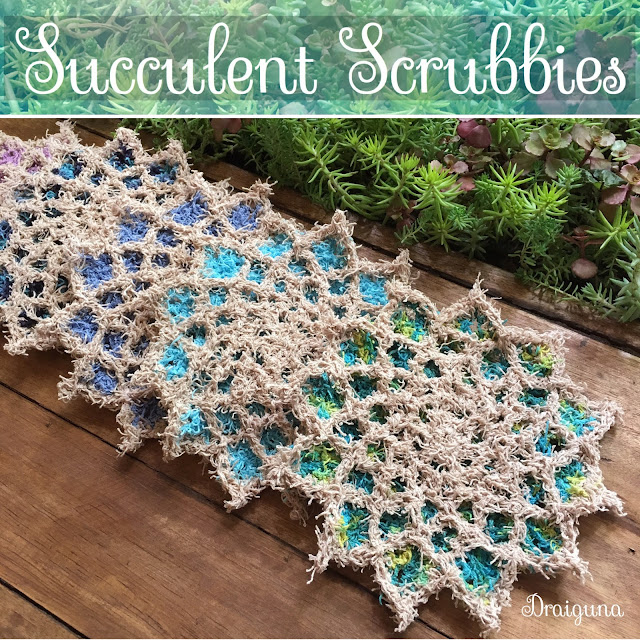 Succulent Scrubbies - succulent-shaped scrubbies with shell stitches and picots, included in scrubby yarn crochet patterns.