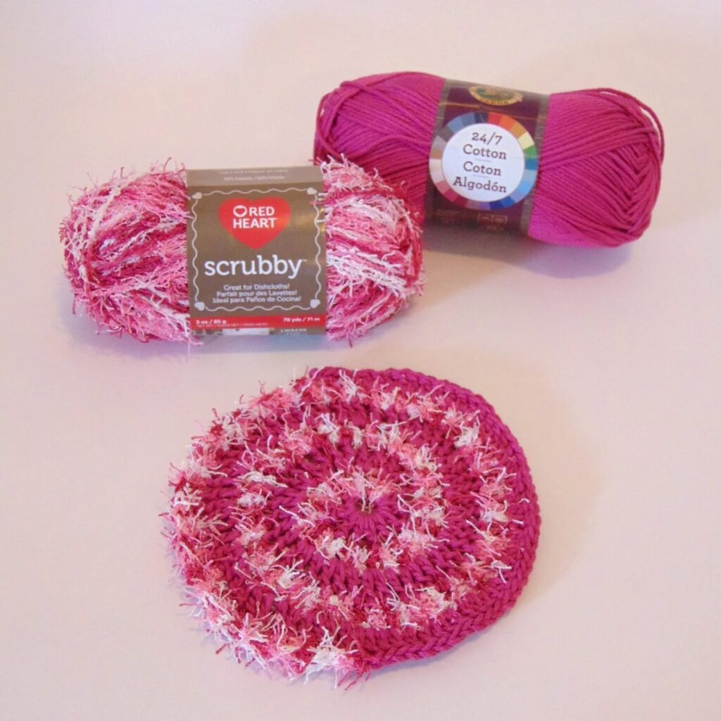 Summer Spiral Scrubby - bright spiral scrubby with alternating yarns, ideal for scrubby yarn crochet patterns.