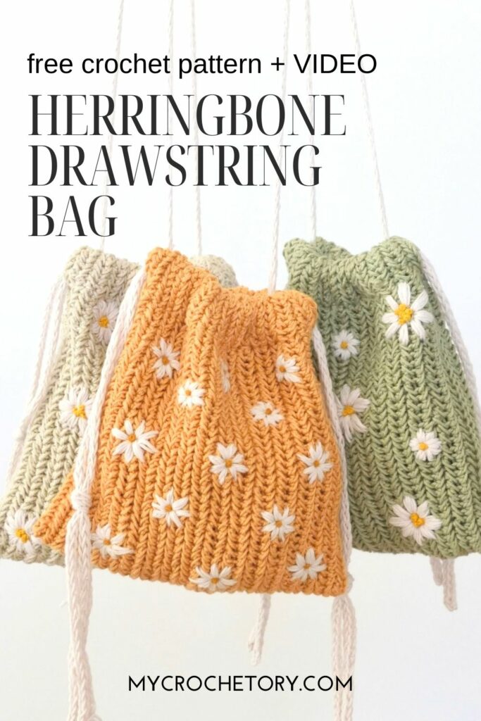 Beautiful FREE crochet drawstring bag pattern with daisies