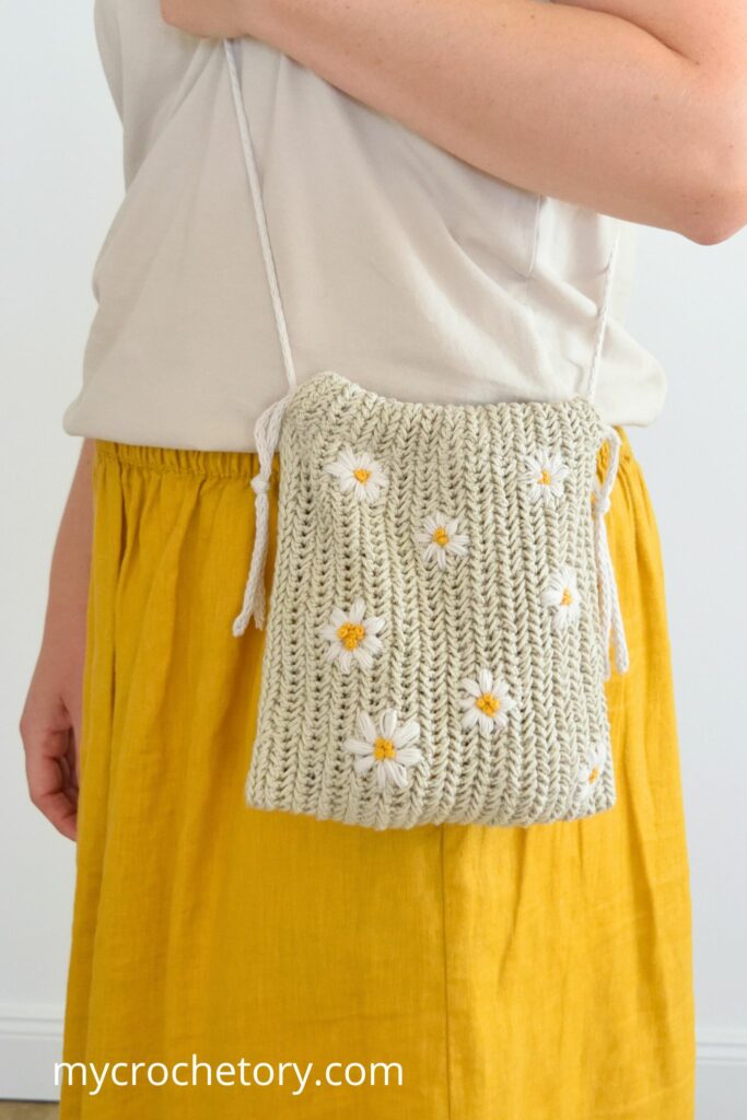 Finished crochet drawstring bag pattern with I-cord drawstring