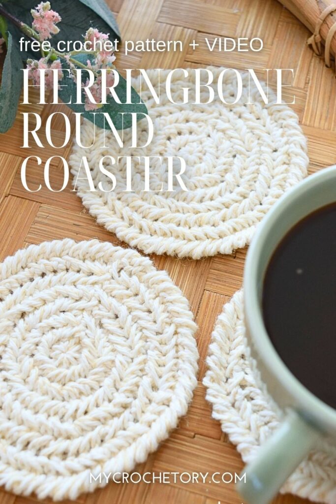 Herringbone round crochet coaster pattern with a free crochet guide and video tutorial, perfect for stylish handmade coasters