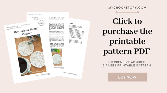 urchase the printable PDF for the herringbone round crochet coaster pattern, a detailed 3-page ad-free guide.