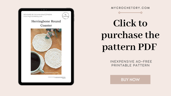 Buy the ad-free PDF version of the herringbone round crochet coaster pattern, perfect for creating stylish coasters.