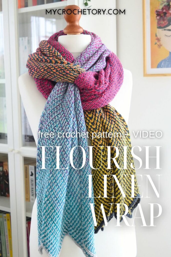 Flourish Linen Wrap displayed in bold, gradient colors as a free pattern crochet scarf with video tutorial.