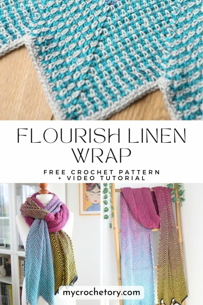Chevron style free pattern crochet scarf, the Flourish Linen Wrap, with a detailed video tutorial available.