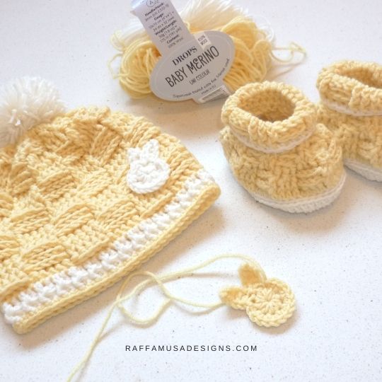 A yellow crochet hat with a fun texture and matching booties, showcasing creative infant crochet hat patterns.