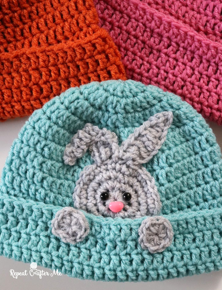 Cute infant crochet hat patterns featuring a playful bunny design with long ears, perfect for Easter celebrations.