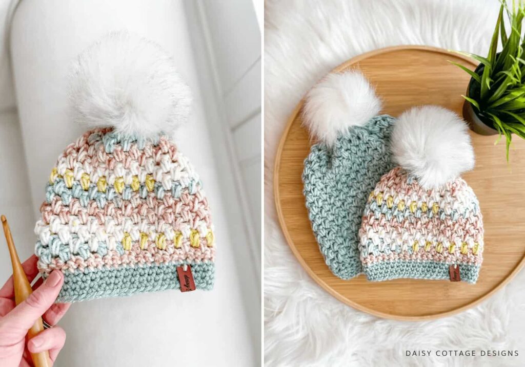 Two adorable infant crochet hats with pom-poms, featuring a colorful striped design and a solid mint green hat