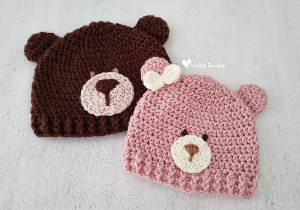 Cute bear-themed infant crochet hat patterns in brown and pink.