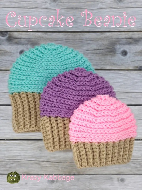Cupcake-inspired infant crochet hat patterns featuring colorful tops and a brown base.