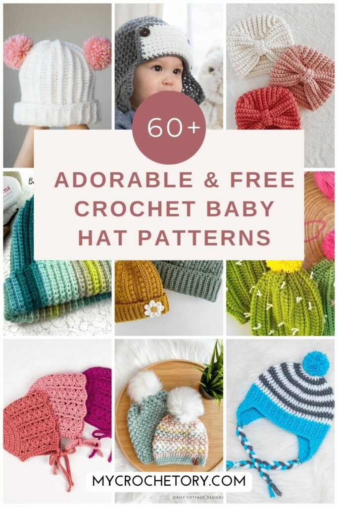 A collection of adorable infant crochet hat patterns featuring different styles and colors, perfect for babies