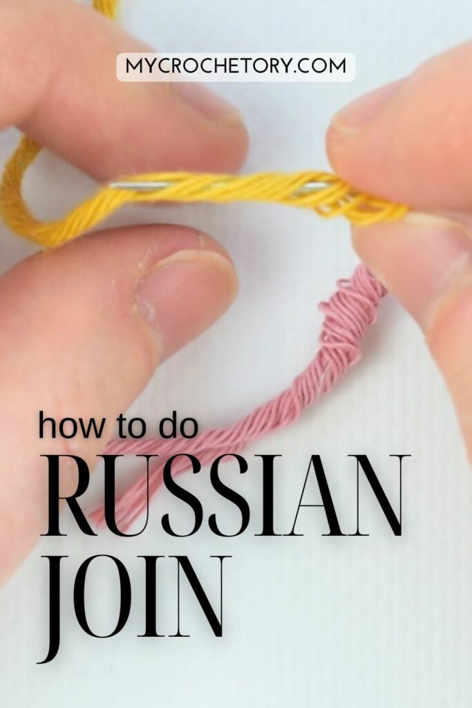 Tutorial steps for how to do a Russian join, featuring pink and yellow yarn.