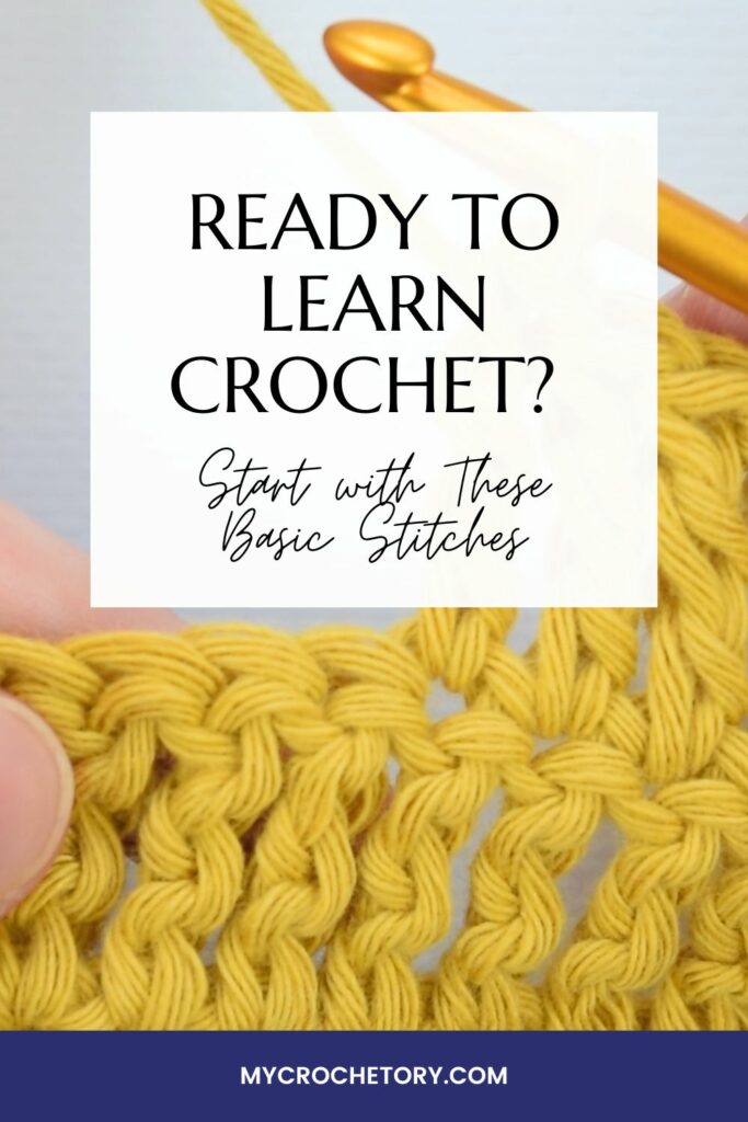 Hand holding crochet hook with yellow yarn, showing basic beginning crochet stitches for new learners