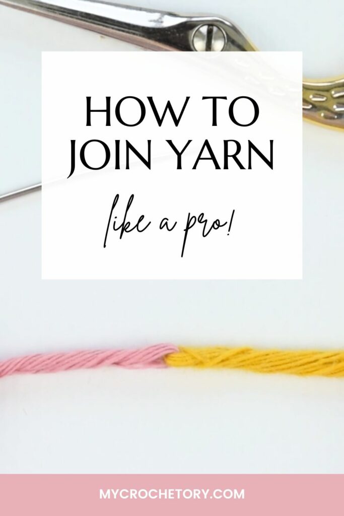 Close-up of pink and yellow yarn joined smoothly, showing how to join yarn ends in crochet.