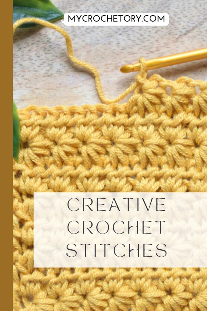 A close-up of textured yellow yarn featuring creative crochet stitches in a neat and decorative pattern.