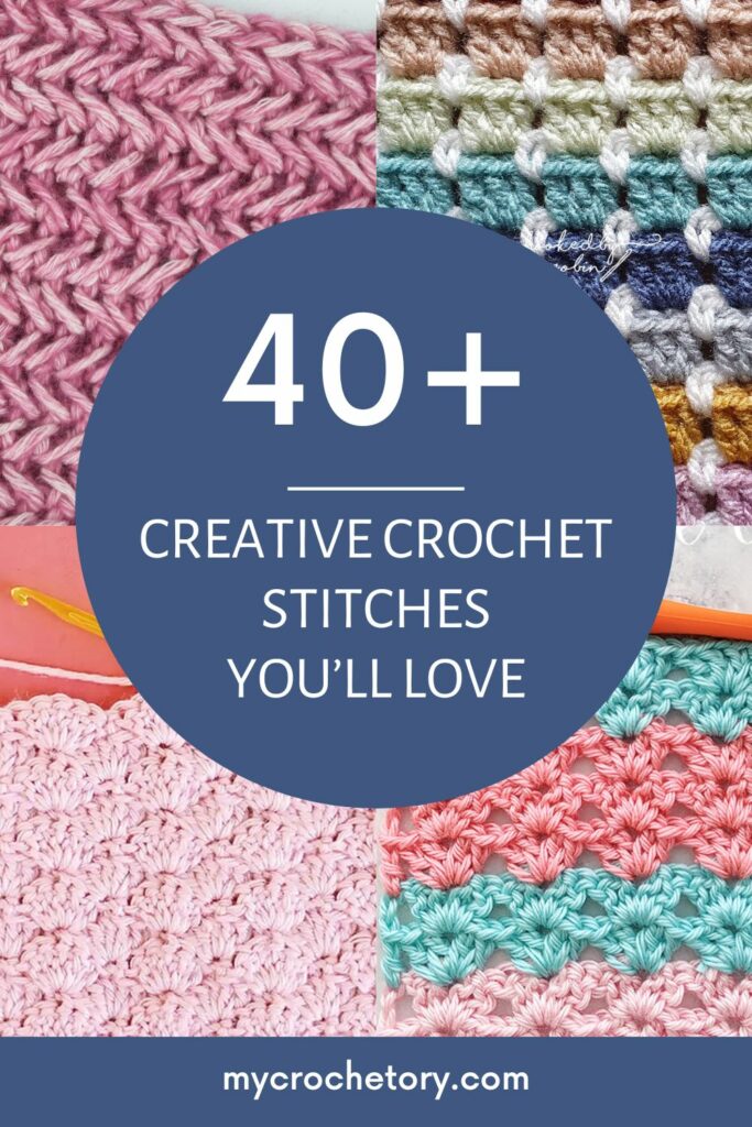 A colorful collage of creative crochet stitches with pastel and bold yarns, highlighting unique stitch patterns.