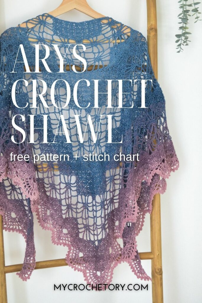 Close-up view of the Arys Shawl showcasing the Diagram Triangle Crochet Shawl Pattern and intricate edging.