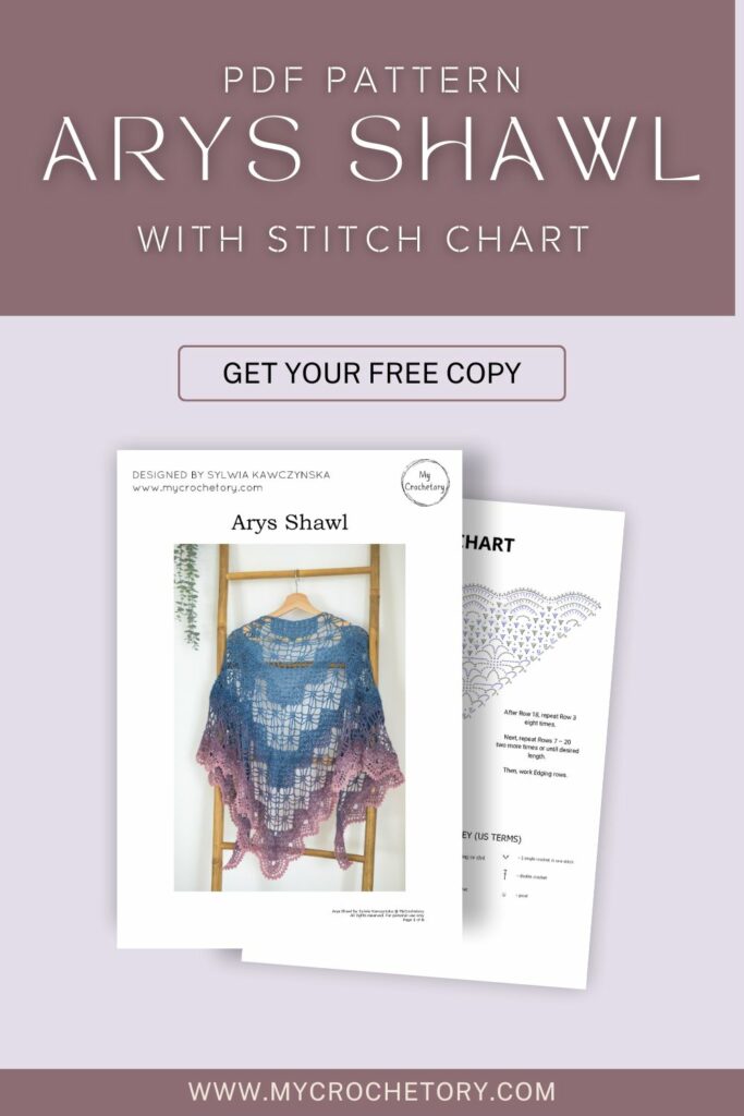 Arys Crochet Shawl featuring a stunning Diagram Triangle Crochet Shawl Pattern with a delicate lace design.