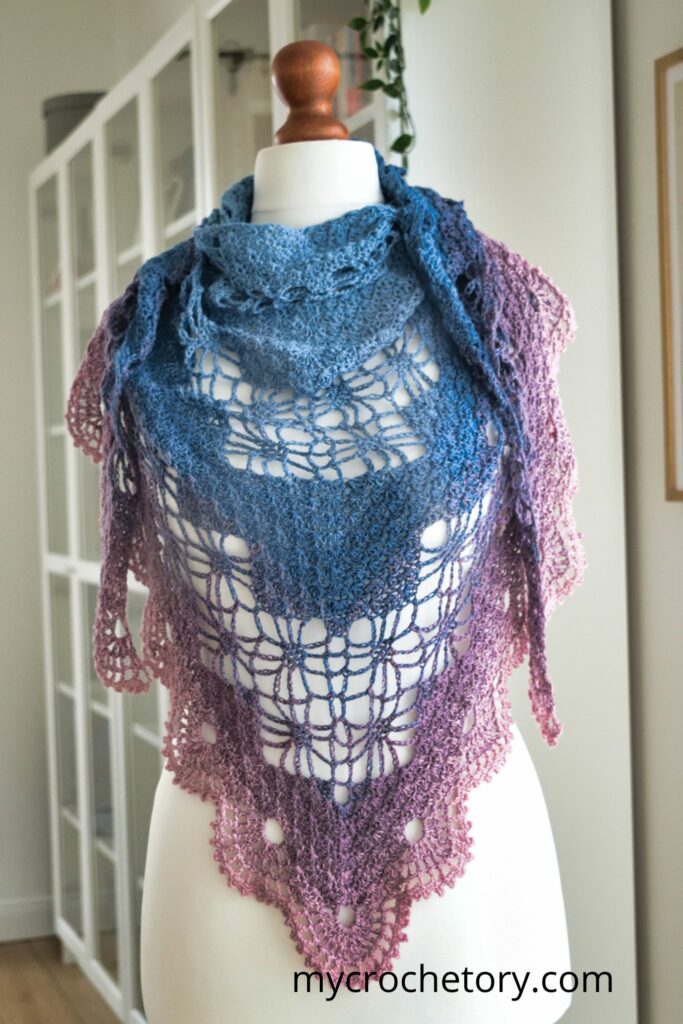 Elegant Arys Shawl styled as a scarf, showcasing the Diagram Triangle Crochet Shawl Pattern.