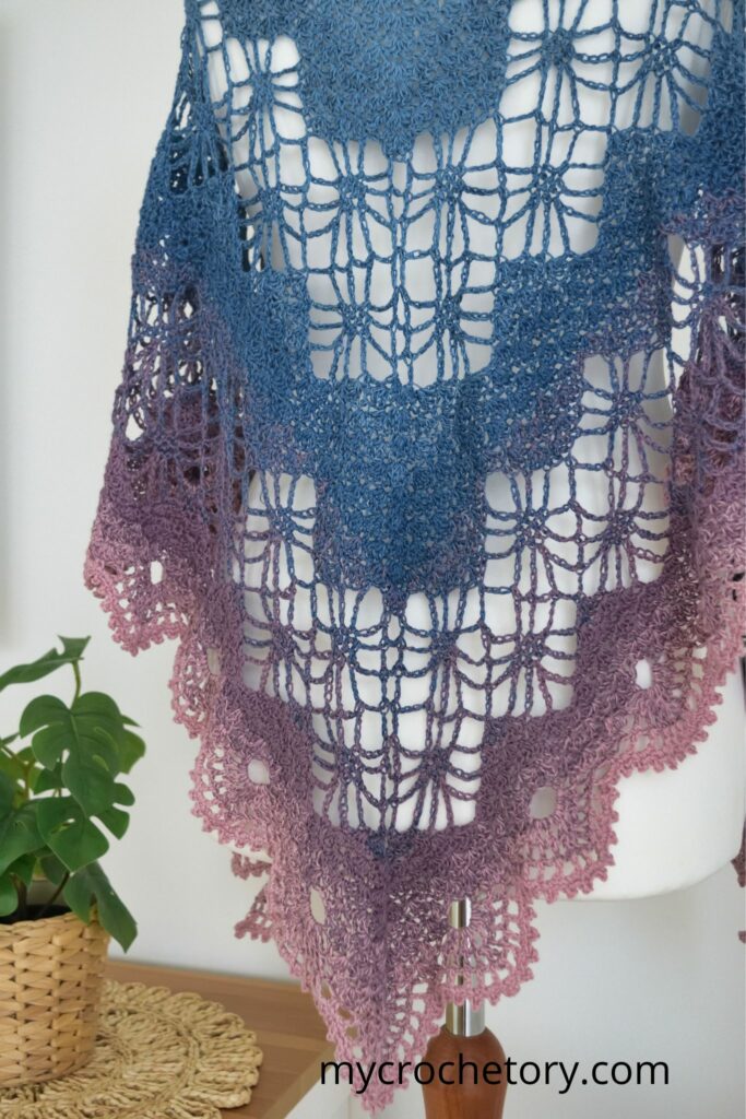 Beautiful gradient design of Arys Shawl with a Diagram Triangle Crochet Shawl Pattern.
