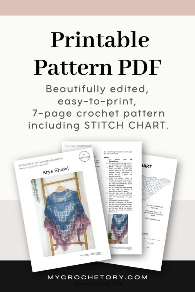 Printable PDF for the Arys Shawl, a Diagram Triangle Crochet Shawl Pattern with stitch chart included.